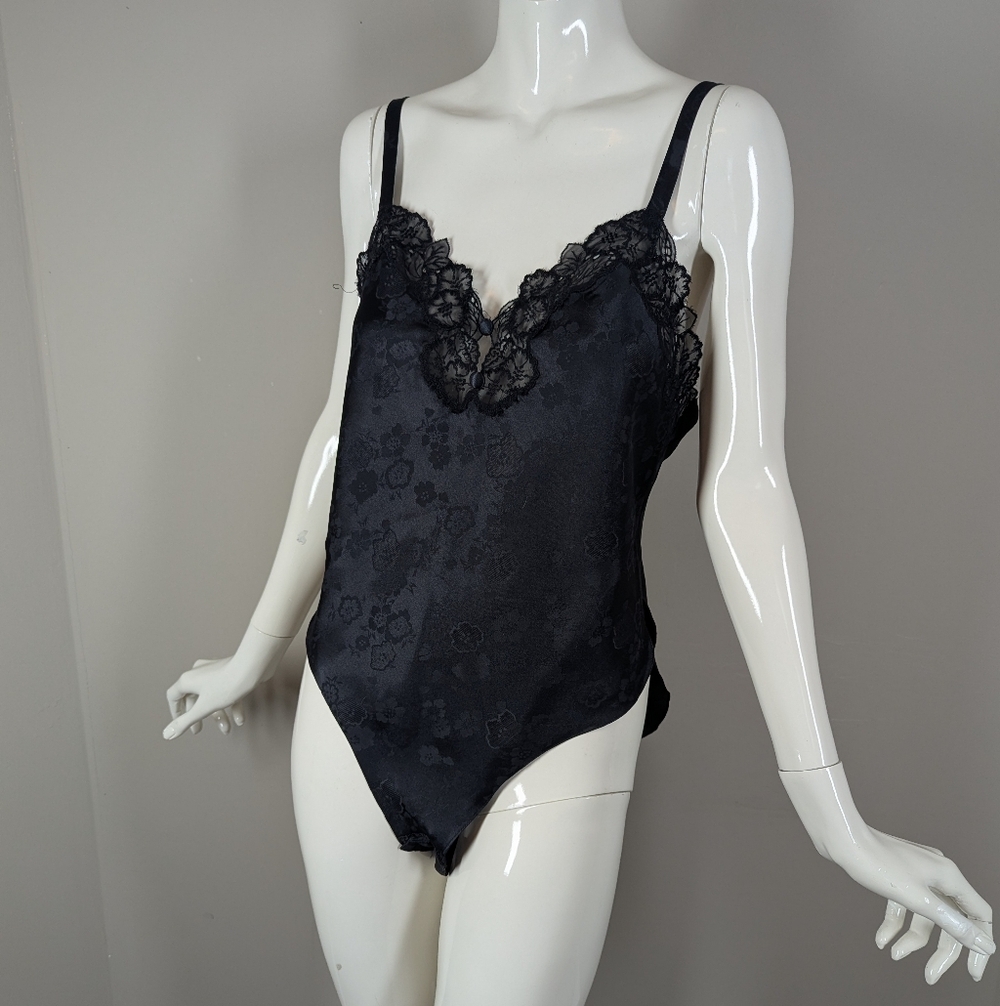 Vintage 90s Lace Teddy Bodysuit Black Satin Lingerie Snap Crotch Linda Montreal
